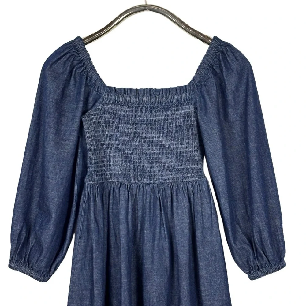 J. CREW BG118 COTTON CHAMBRAY DENIM BLUE SMOCKED PUFF SLEEVE MINI DRESS
